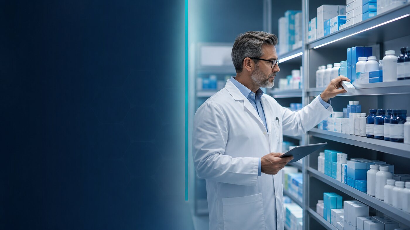 Pharmacist reviewing products on pharmacy shelves