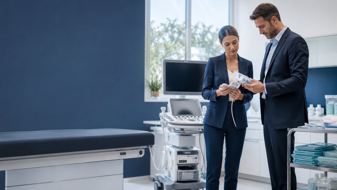 Healthcare professionals reviewing medical products in a clinic
