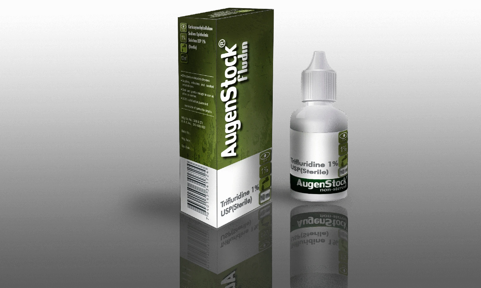 Existing catalogue image for AugenStock Fludin Sterile Eye Drops; confirm current packaging
