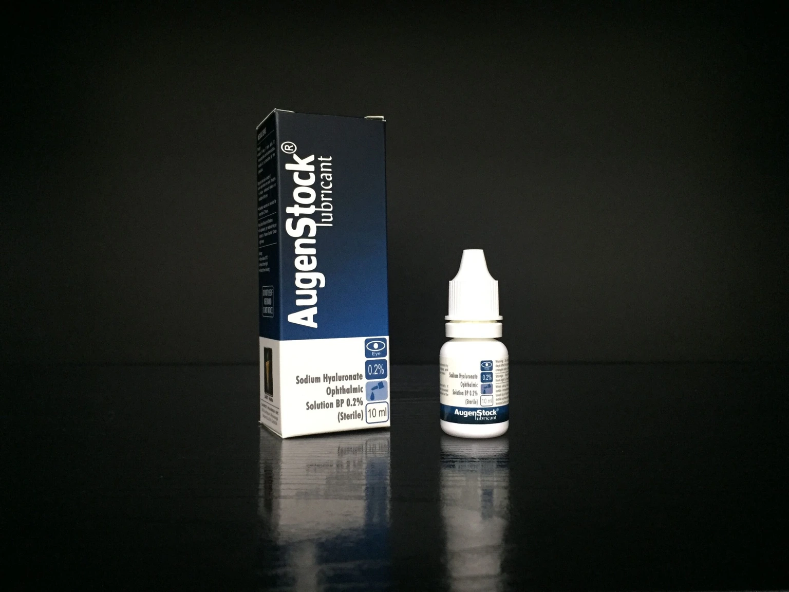 AugenStock Lubricant 0.2% Sterile Eye Drops packaging — Sodium Hyaluronate, 0.2%, as labelled