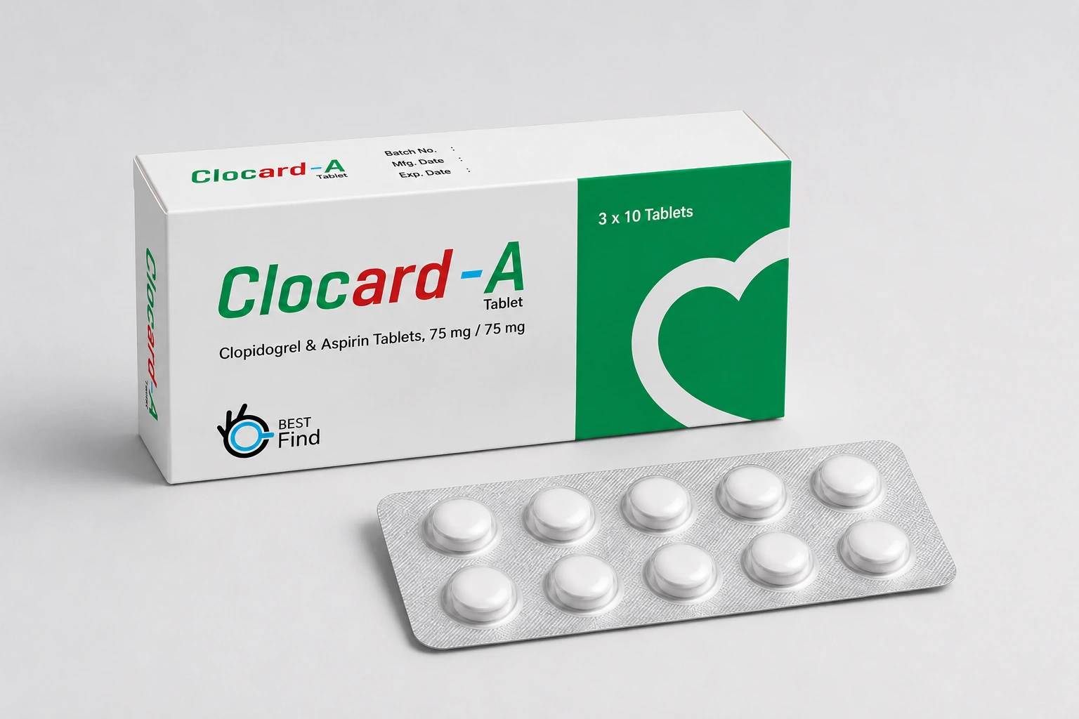 Clocard-A packaging — Clopidogrel + Aspirin (Acetylsalicylic Acid), 75 mg + 75 mg per tablet