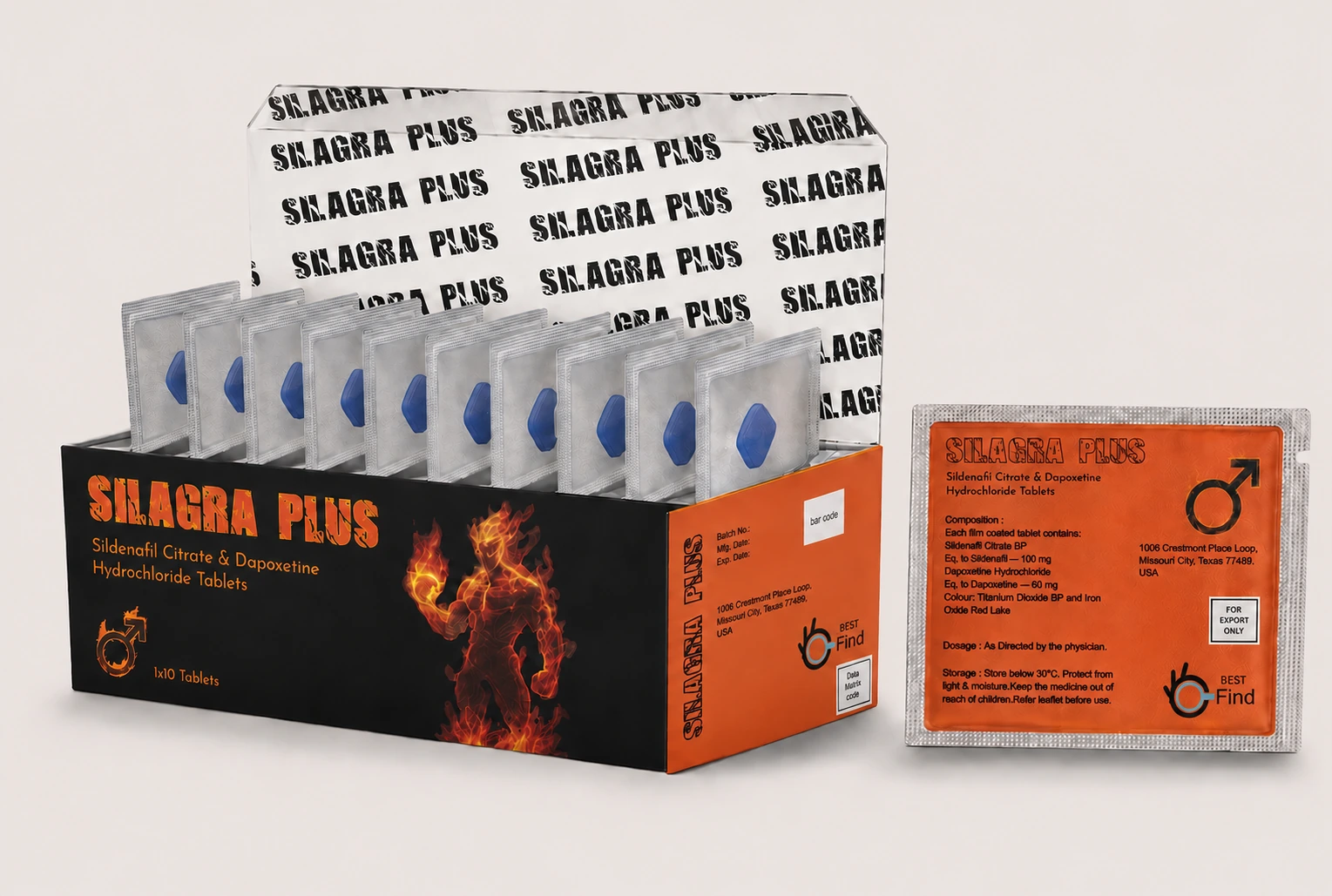 Silagra Plus packaging — Sildenafil + Dapoxetine, 100 mg sildenafil + 60 mg dapoxetine per tablet