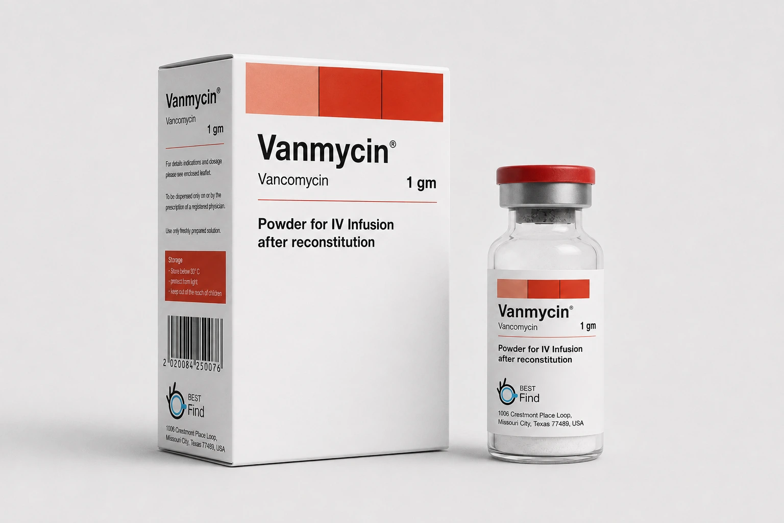 Vanmycin packaging — Vancomycin (as hydrochloride), 1 g per vial, as labelled