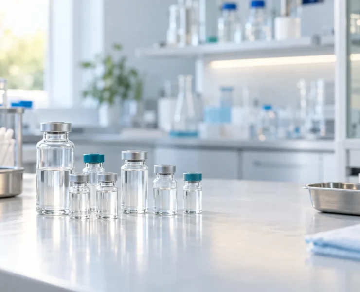 AI-generated illustration of unlabeled medication vials on a bright laboratory counter