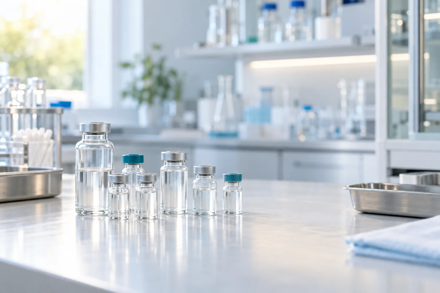 AI-generated illustration of unlabeled medication vials on a bright laboratory counter