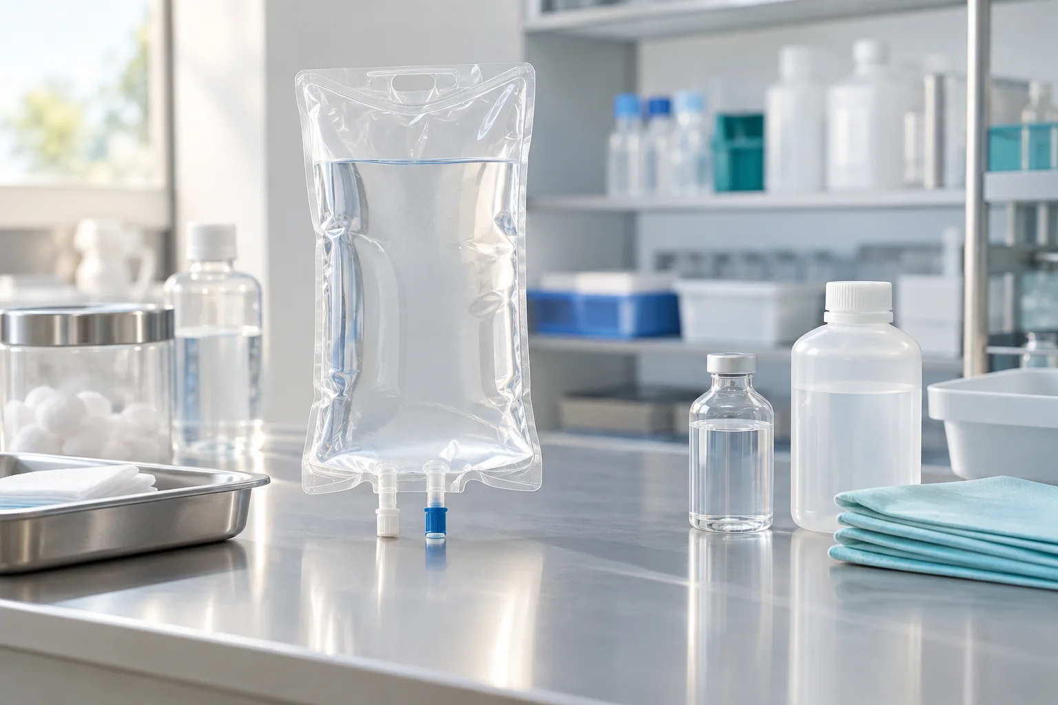 AI-generated illustration of an unlabeled IV bag and supplies in a clinical preparation room