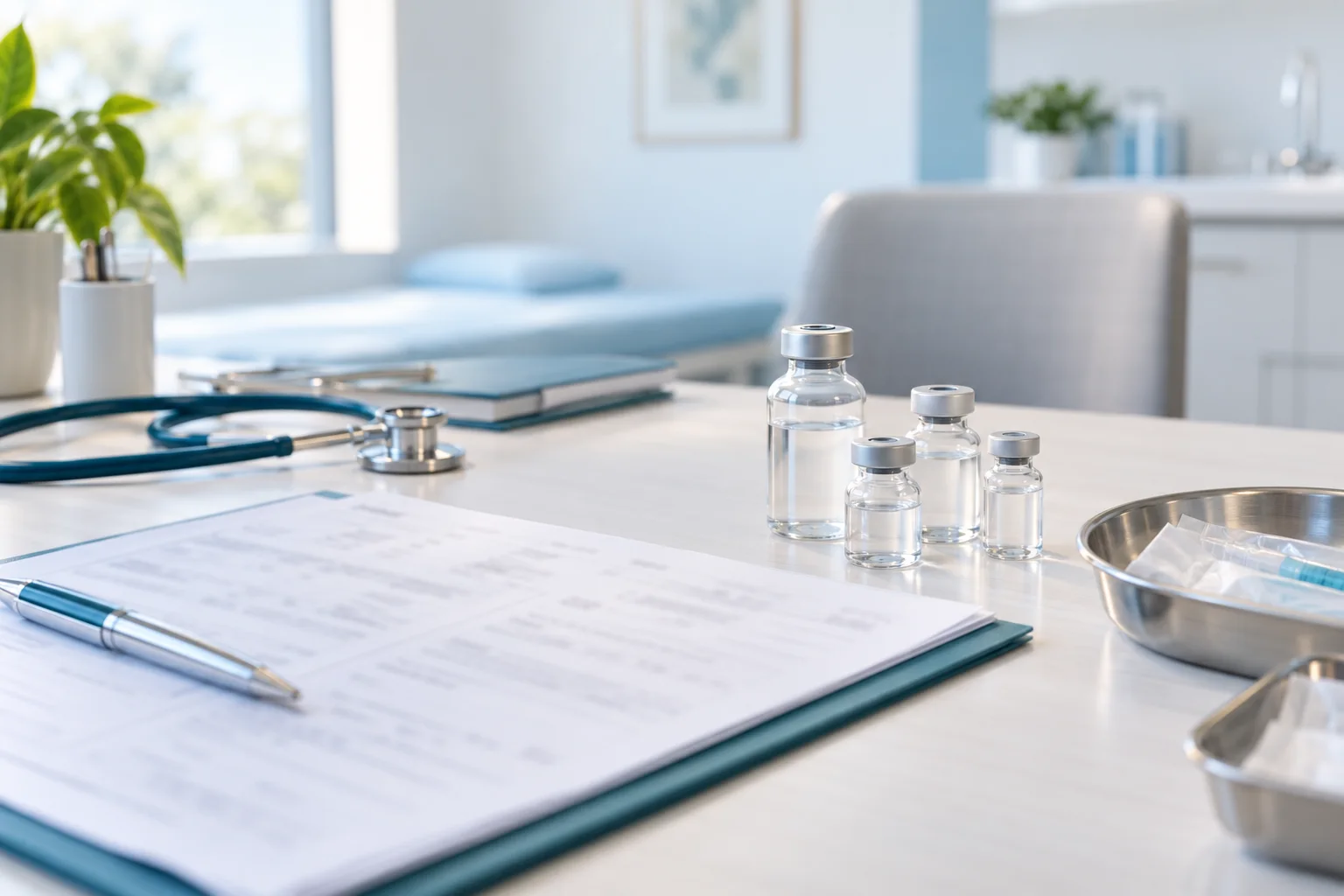 AI-generated illustration of a consultation desk with a stethoscope, clipboard, and unlabeled vials