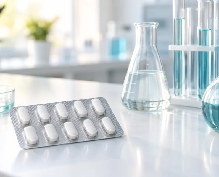AI-generated illustration of a generic tablet blister pack beside laboratory glassware