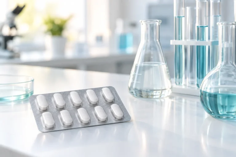 AI-generated illustration of a generic tablet blister pack beside laboratory glassware