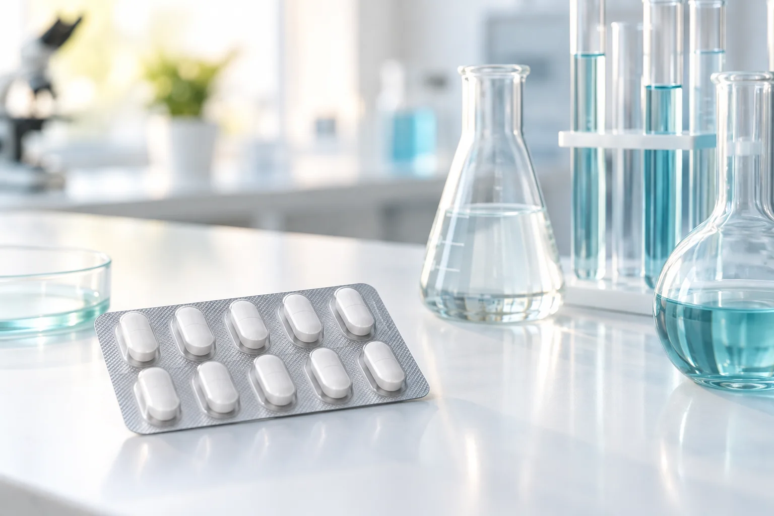 AI-generated illustration of a generic tablet blister pack beside laboratory glassware