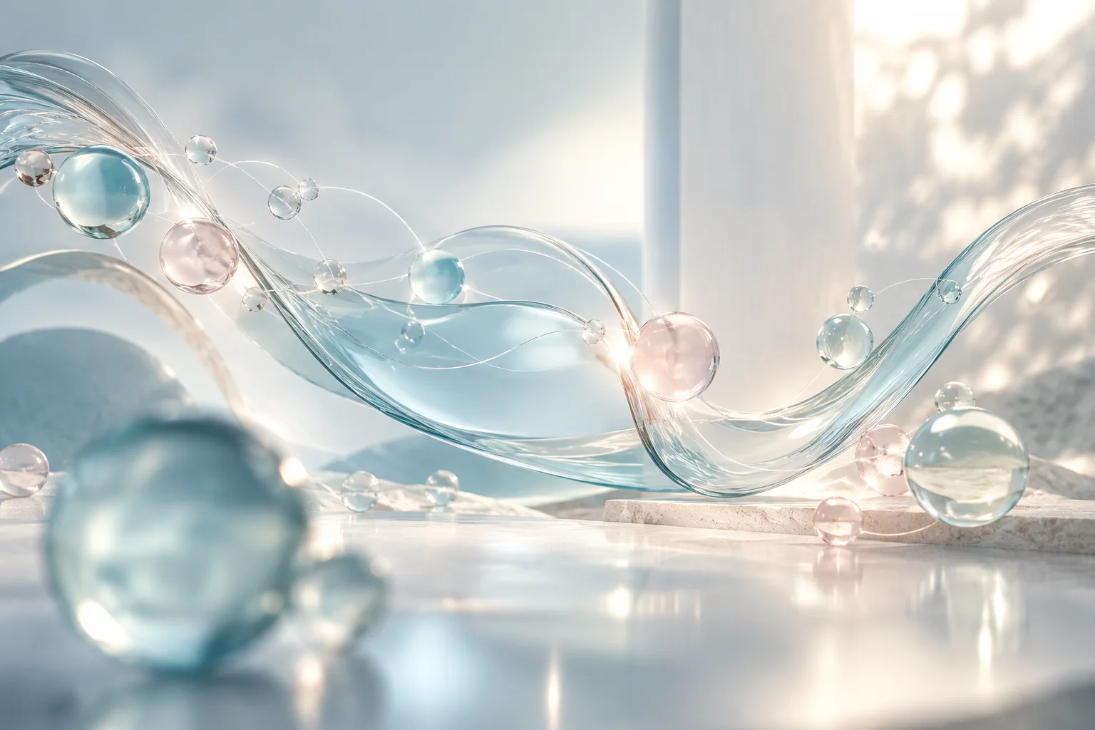 AI-generated abstract illustration of translucent blue and pink molecular forms