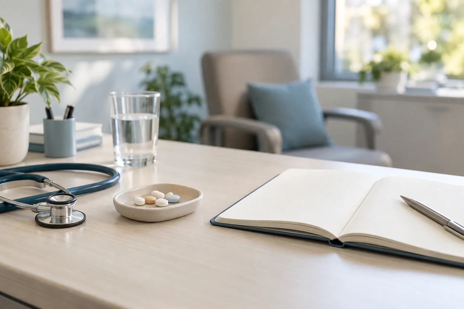 AI-generated illustration of a consultation desk with a stethoscope, notebook, and glass of water