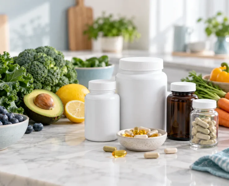 AI-generated illustration of unlabeled supplement bottles beside fresh fruit and vegetables