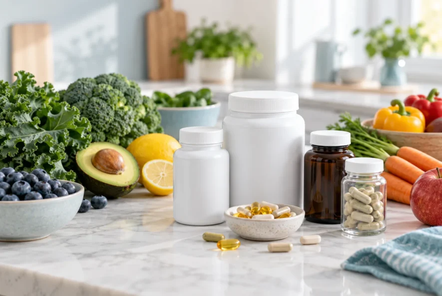 AI-generated illustration of unlabeled supplement bottles beside fresh fruit and vegetables