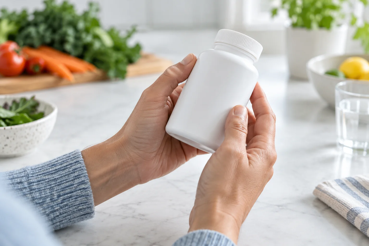 AI-generated illustration of a person holding an unlabeled supplement bottle in a kitchen