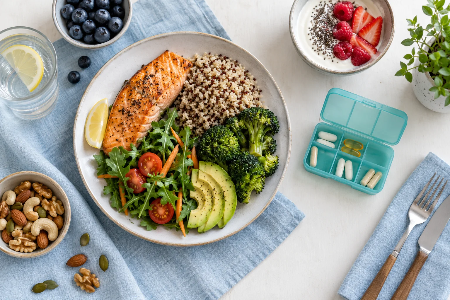 AI-generated illustration of a balanced meal beside an open pill organizer